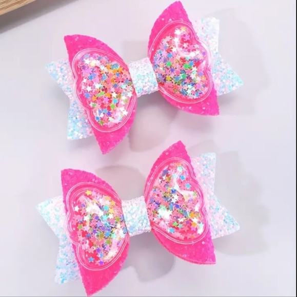 Pink Glitter and Stars Bow Set - Picture 1 of 4
